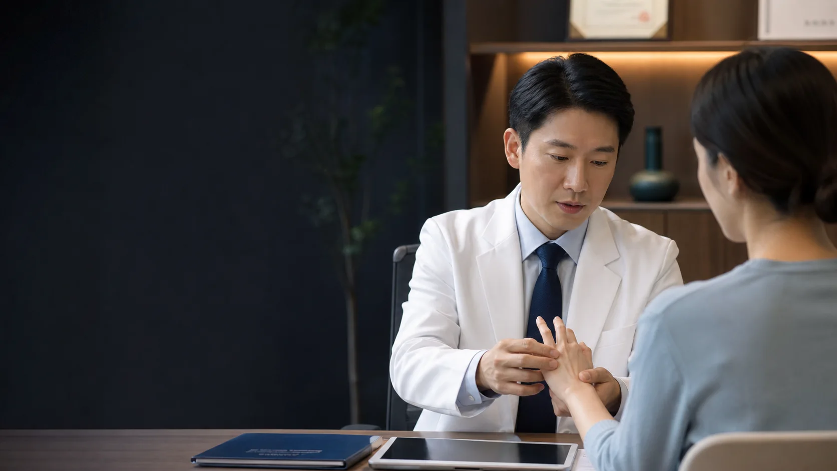 의료진이 환자의 손과 손목 관절 상태를 살펴보는 장면